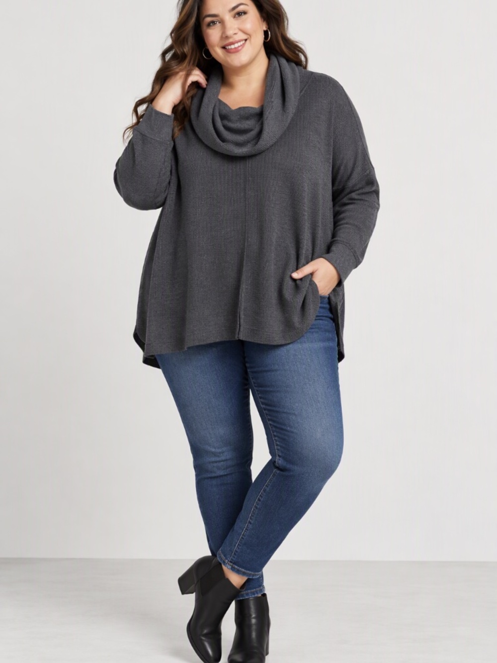 Lucky Brand Women's Sweater 3X Gray Cowl Neck Knit Long Sleeve Casual Office NWT